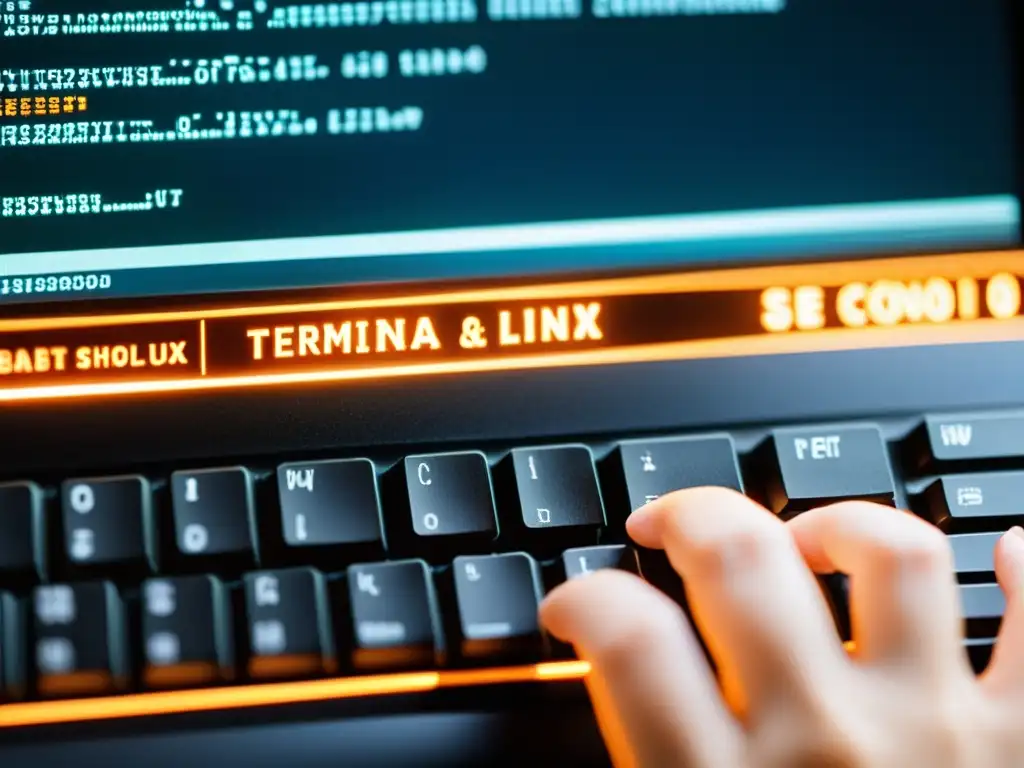 Detalle de pantalla de computadora con código en terminal, destacando la personalización extrema de Gentoo Linux en una atmósfera cálida y meticulosa