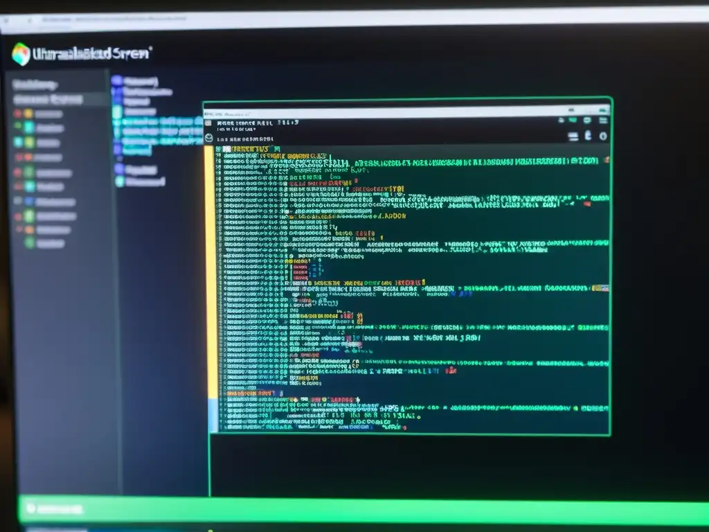 Detalle de código malware en pantalla de computadora, resaltado en colores vibrantes sobre fondo oscuro
