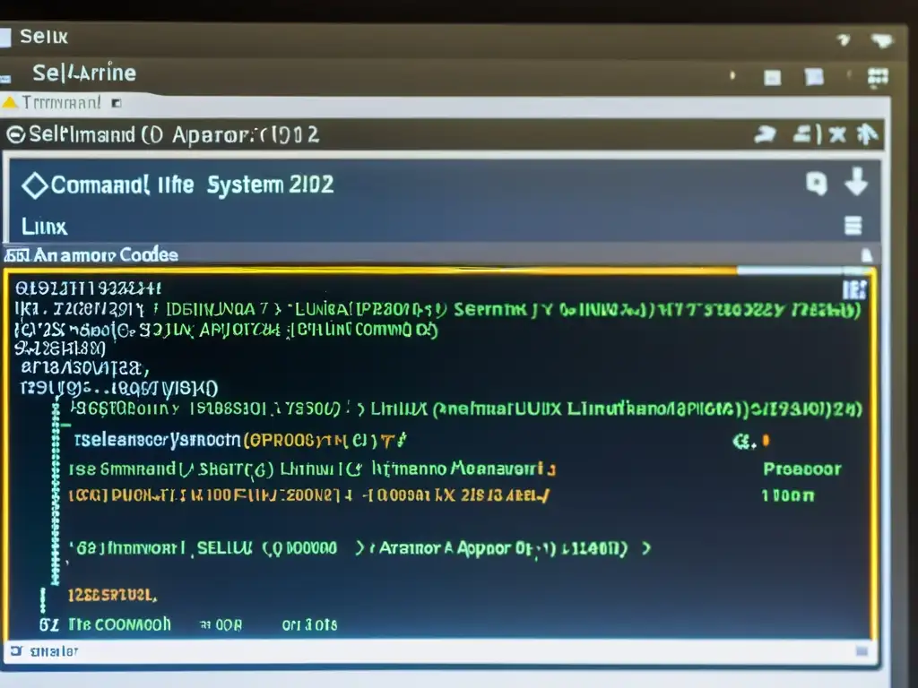 Detalle de pantalla de ordenador con interfaz de línea de comandos de sistema Linux, mostrando SELinux y AppArmor lado a lado
