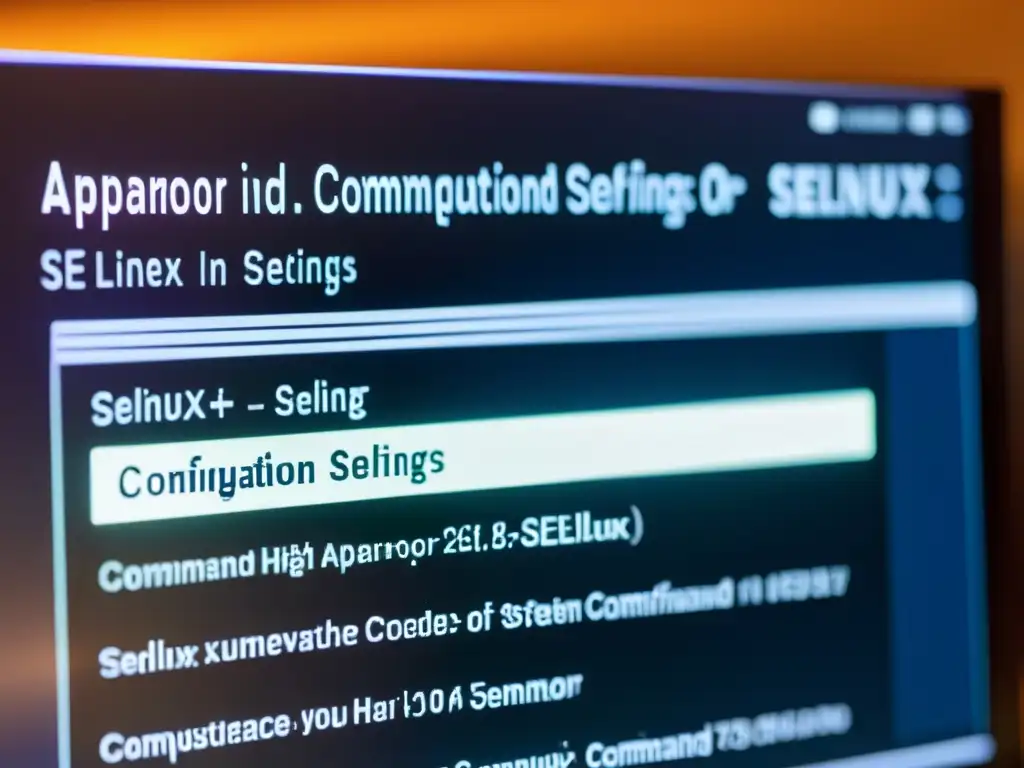 Detalle de pantalla con configuración SELinux y AppArmor paso a paso en líneas de código de alta definición, iluminada por tenue luz ambiental