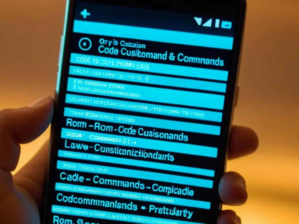 Detalle de pantalla de smartphone con código para personalización extrema ROM Android tutorial