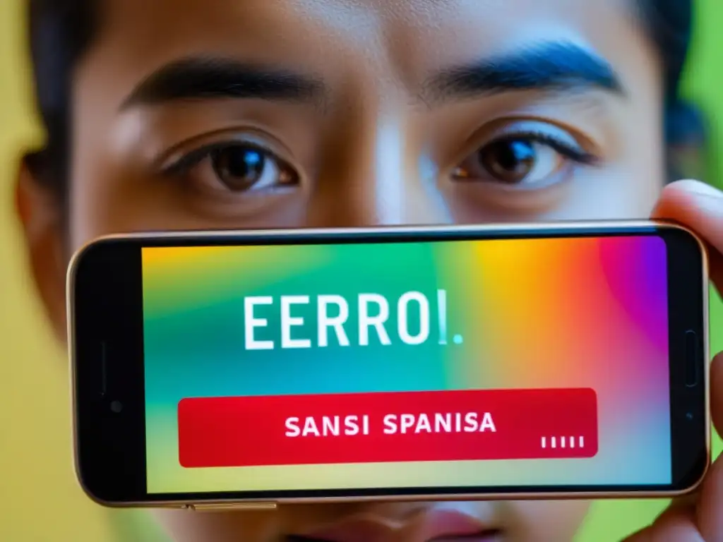 Detalle de pantalla de smartphone con error y rostro reflejado, capturando la frustración del usuario