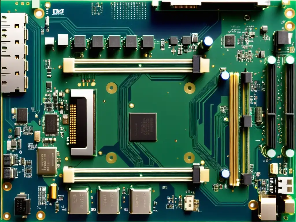 Detalle de placa base de computadora con todos sus componentes visibles