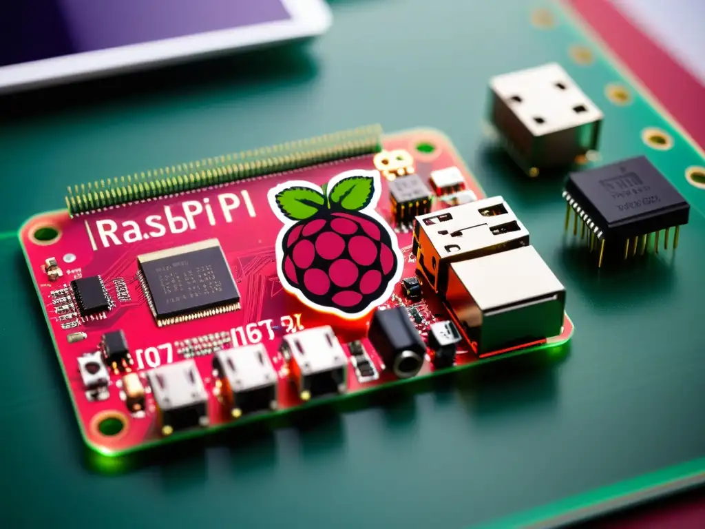 Detalle de placa de circuito Raspberry Pi conectada a sensores IoT con interfaz Raspbian en monitor