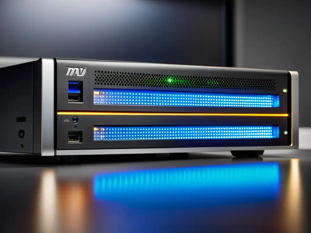 Appliance de seguridad de red: potente y sofisticado Detalle de un potente hardware especializado en firewall, con luces LED parpadeantes y circuitos intrincados