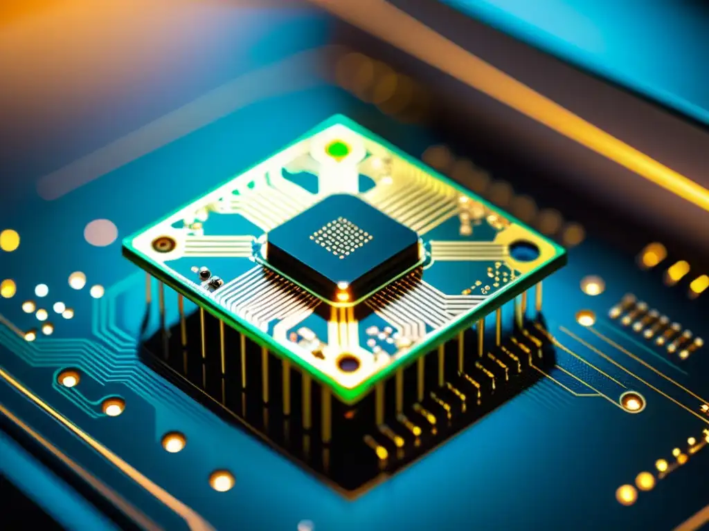 Detalles increíbles de un dispositivo IoT: precisión y complejidad Detalle preciso de un dispositivo IoT iluminado por luz natural, mostrando la complejidad de los sistemas operativos IoT