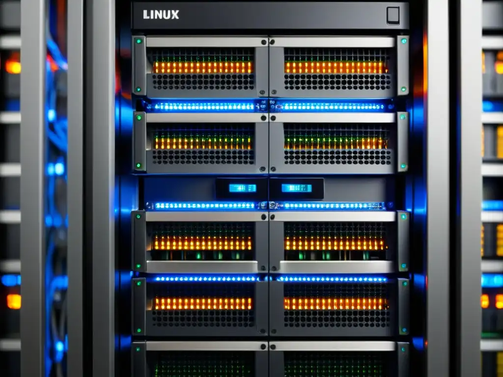 Detalle de un rack de servidores con cableado intrincado, luces indicadoras parpadeantes y disposición ordenada de unidades