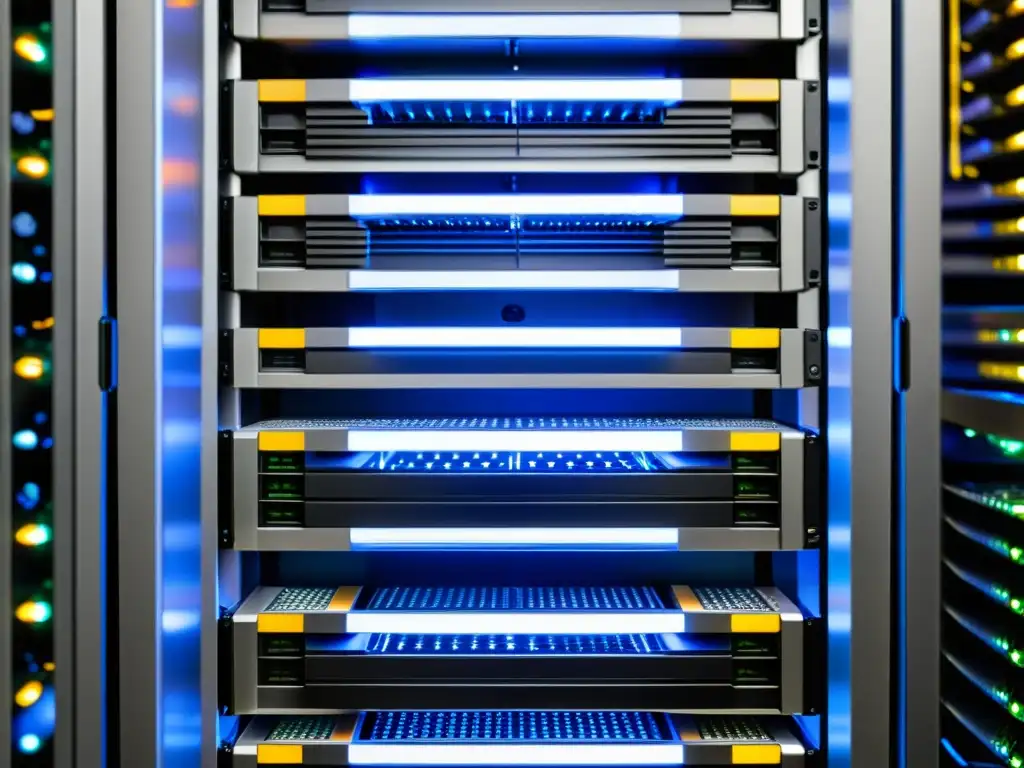 Detalle de un rack de servidores con componentes ordenados y luces parpadeantes, perfecto para virtualización en Linux