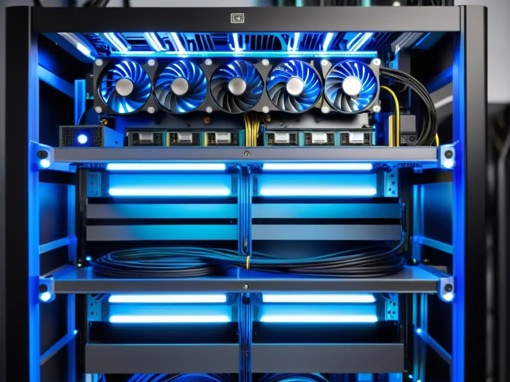 Detalle de un rig de minería con iluminación LED azul, cables organizados y GPUs