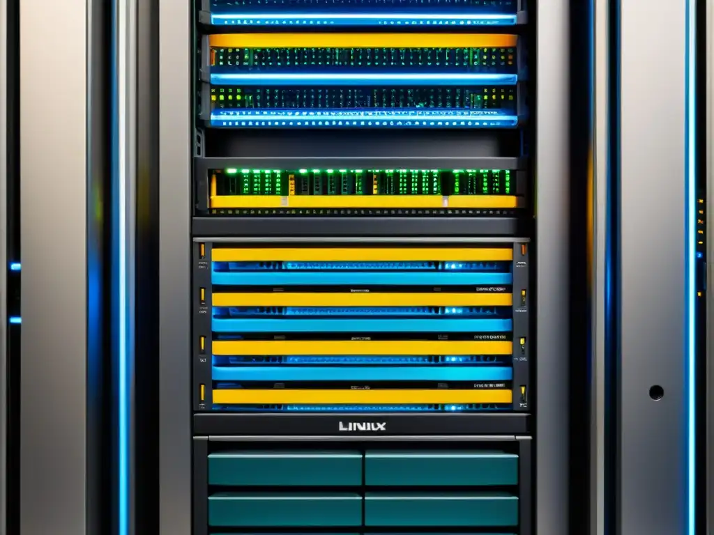 Detalle de sala de servidores con configuración Kerberos en Linux: cables Ethernet ordenados y luces parpadeantes en servidores