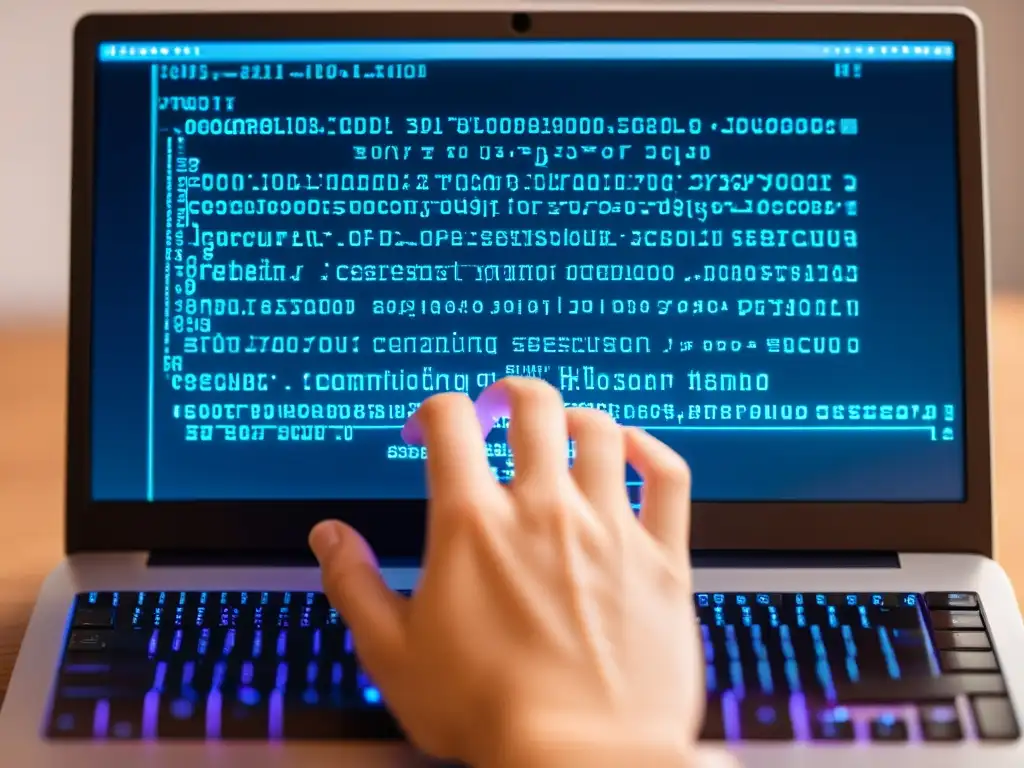 Detalle de seguridad en sistemas operativos alternativos: concentración y precisión en la programación, con mano sobre teclado y código en pantalla