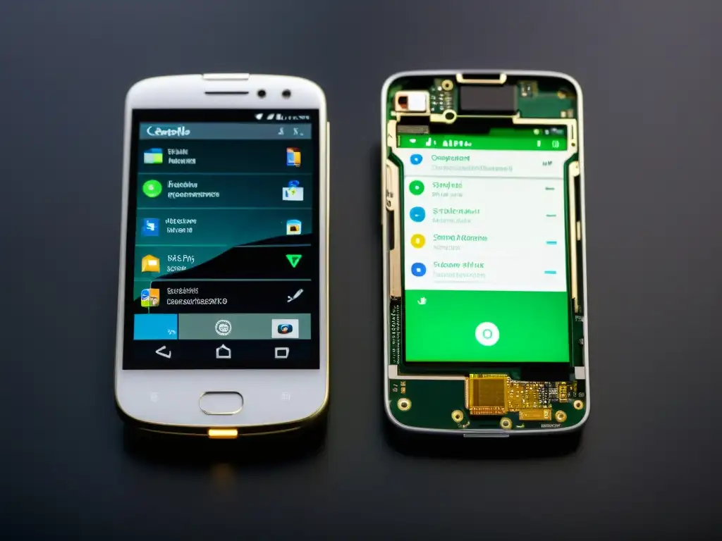 Detalle de smartphone dividido en Android y Linux, revelando conexiones ocultas entre sistemas operativos alternativos