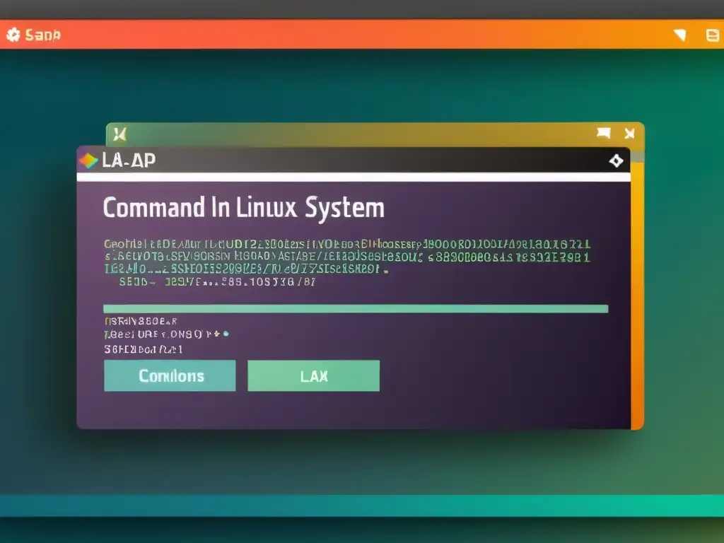 Implementando LDAP en Linux: Detalle en 8k de un terminal mostrando la configuración LDAP en progreso, con colores vibrantes y texto legible