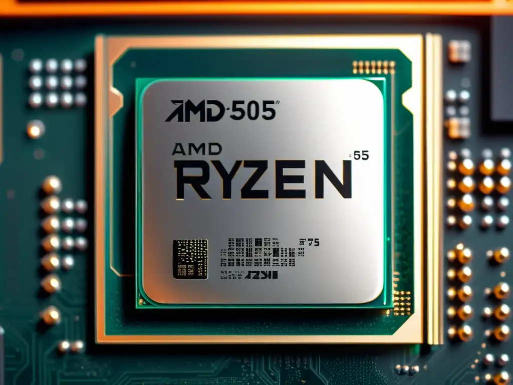 Detalle ultradetallado del procesador AMD Ryzen 9 5950X, con iluminación suave que resalta su diseño moderno