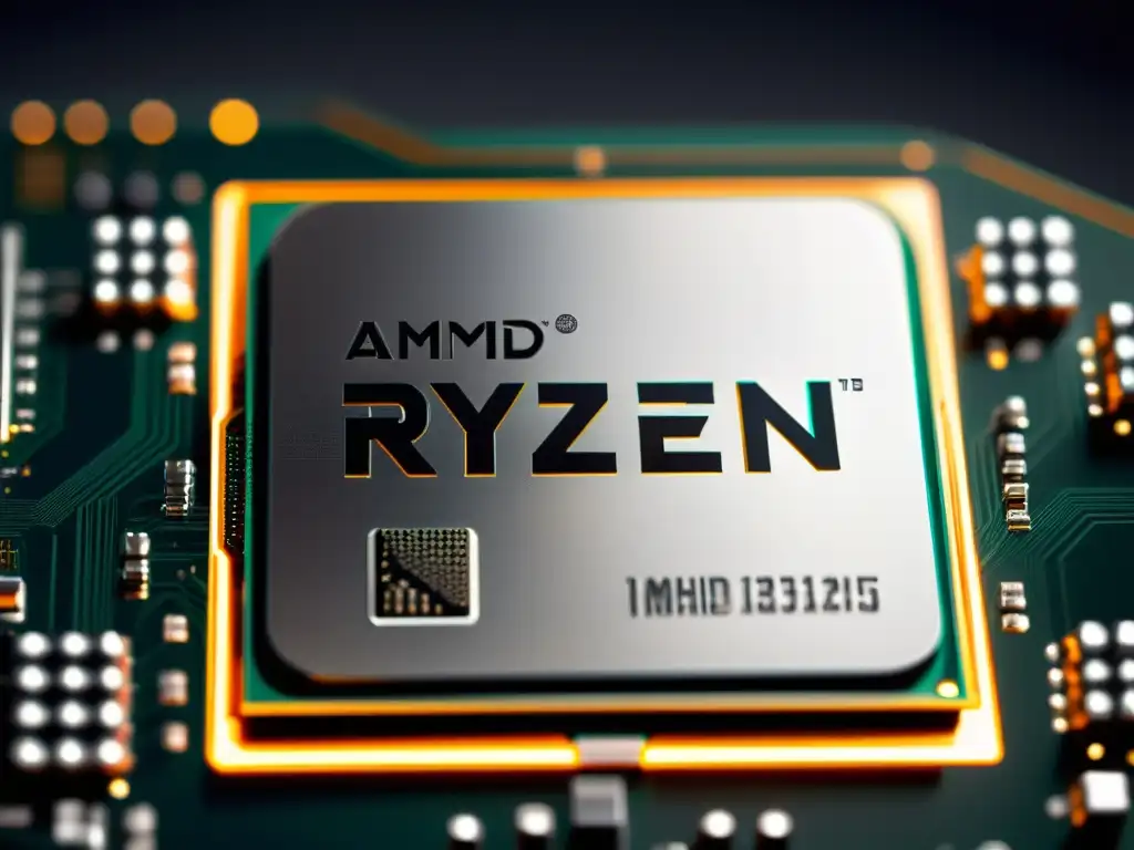 Detalle ultrapreciso del procesador AMD Ryzen, resaltando su ingeniería tecnológica