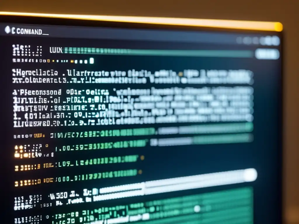 Detalle ultrarrealista de una interfaz de línea de comandos en un sistema operativo Linux, resaltando la implementación de Inteligencia Artificial en Linux con un diseño minimalista y nítido