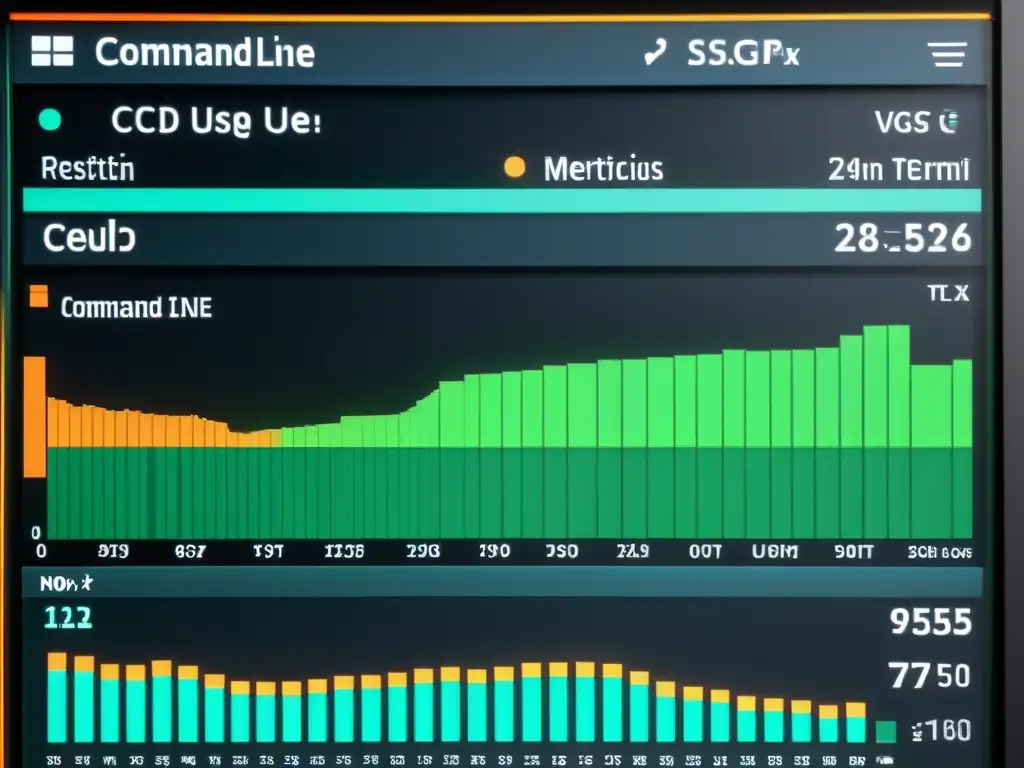 Detalle ultrarrealista de la interfaz de línea de comandos mostrando métricas en tiempo real del sistema en un clúster de Linux