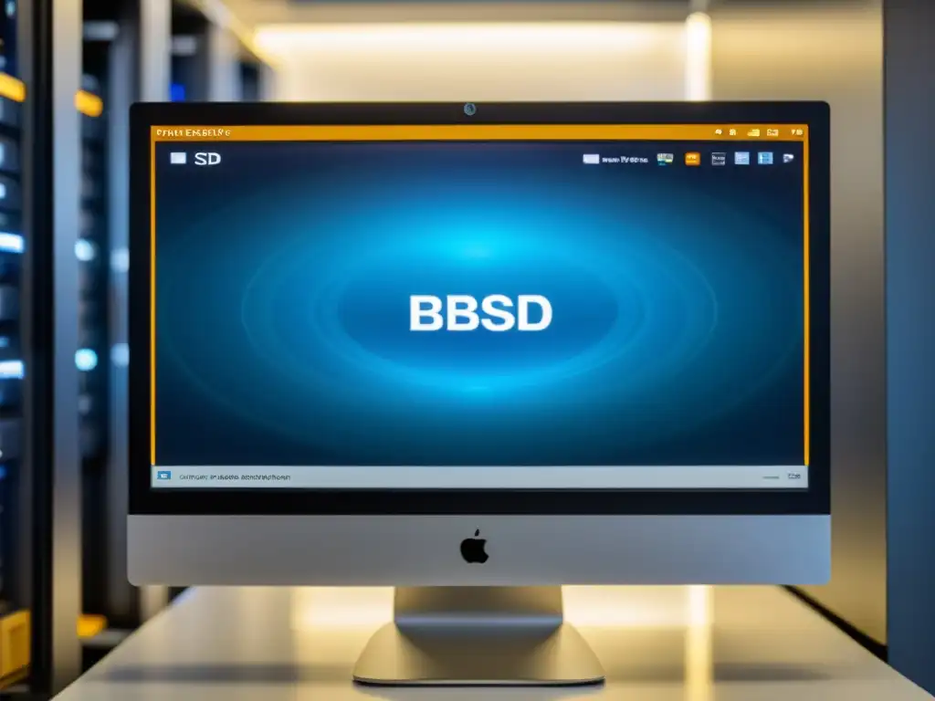 Detalle ultrarrealista de monitor con virtualización en BSD, mostrando múltiples sistemas operativos