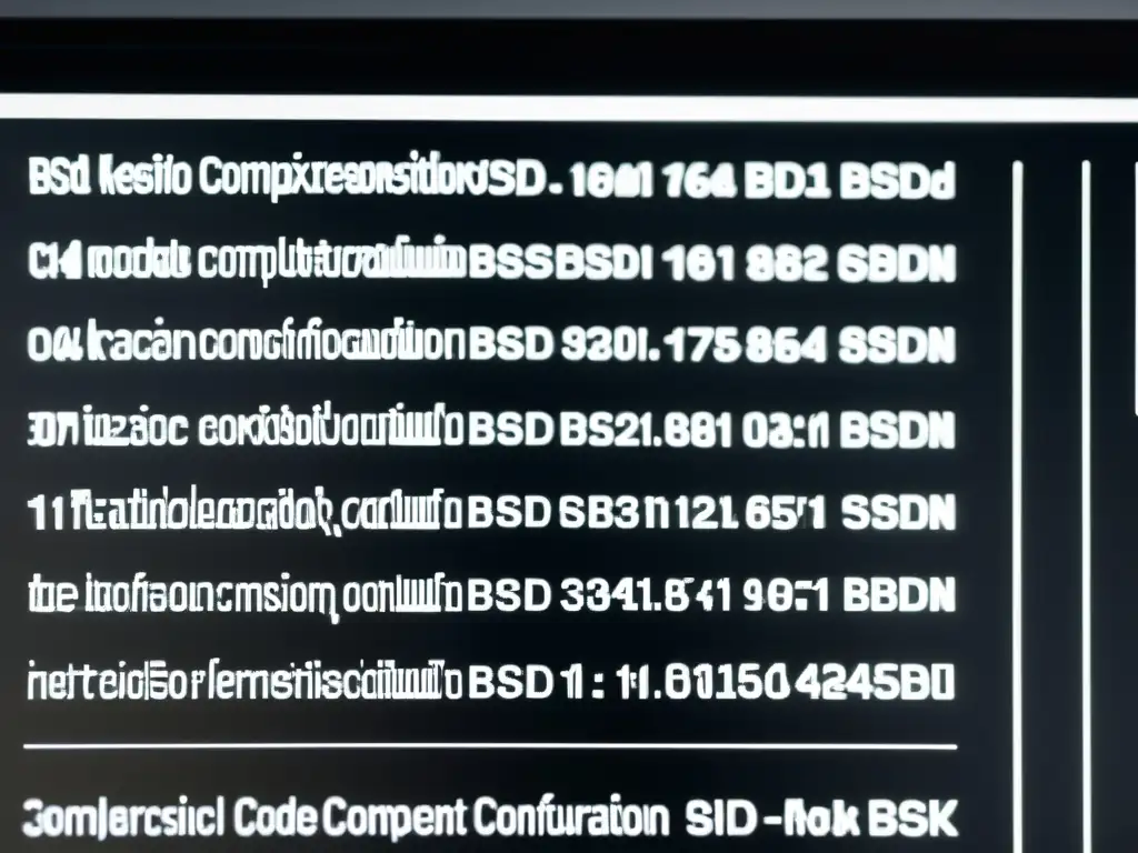 Detalle ultrarrealista de monitor con configuración avanzada del kernel BSD en código legible y profesional en tonos grises
