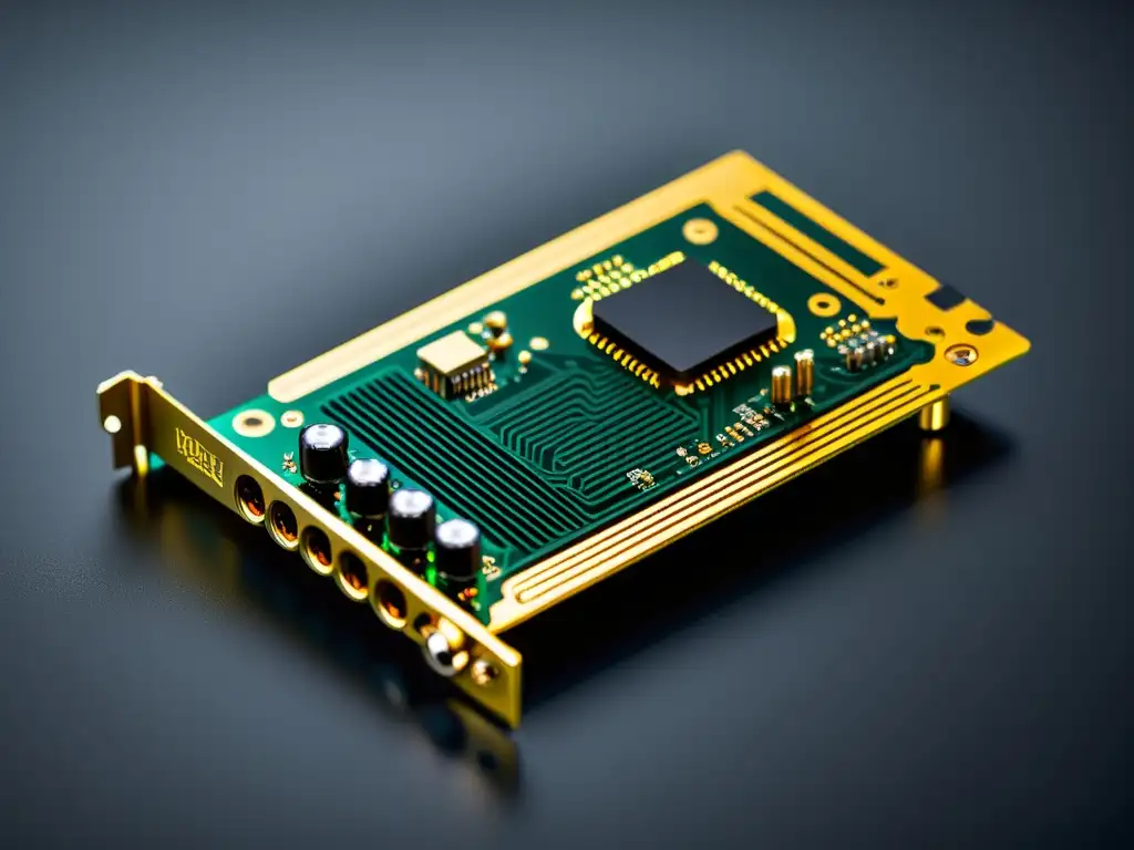 Detalles de alta fidelidad: tarjeta de sonido con circuitos intrincados y componentes metálicos, en un fondo limpio
