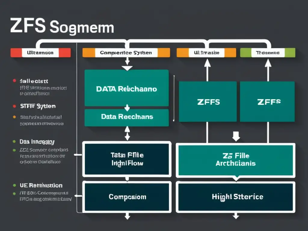 Diagrama detallado del sistema de archivos ZFS, destacando sus mecanismos de integridad y optimizaciones