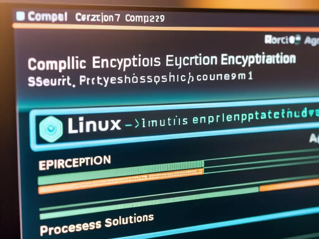 Diagrama de encriptación futurista en pantalla de computadora, destacando las mejores soluciones encriptación Linux con tecnología de vanguardia