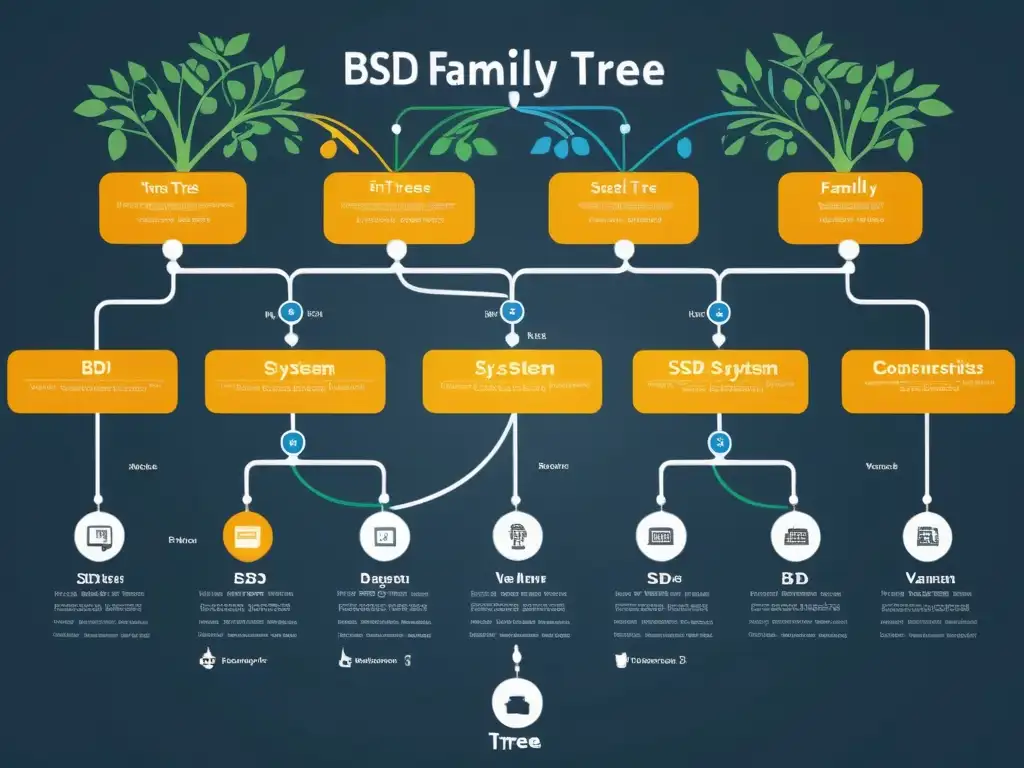 Un diagrama familiar detallado y minimalista que muestra las variantes prácticas de sistemas operativos BSD en una estética profesional y compleja