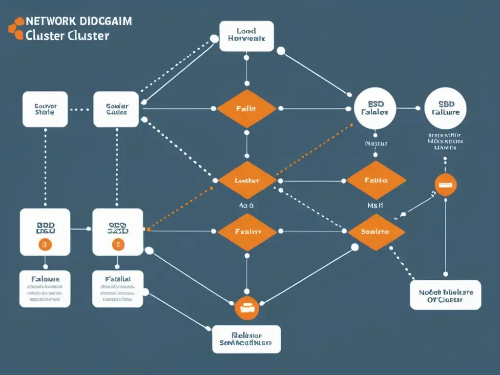 Diagrama de red mostrando un setup de failover en un clúster de alta disponibilidad en BSD, resaltando la robustez y fiabilidad del sistema