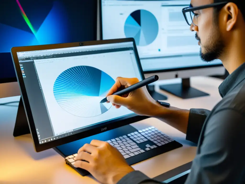 Diseñador gráfico creando arte digital con Linux y tablet gráfico Un diseñador gráfico usa una computadora Linux con una tableta gráfica, creando una ilustración detallada