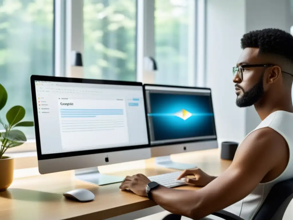 Un diseñador gráfico profesional utiliza herramientas de edición en sistemas alternativos para crear contenido digital, en un espacio luminoso y minimalista