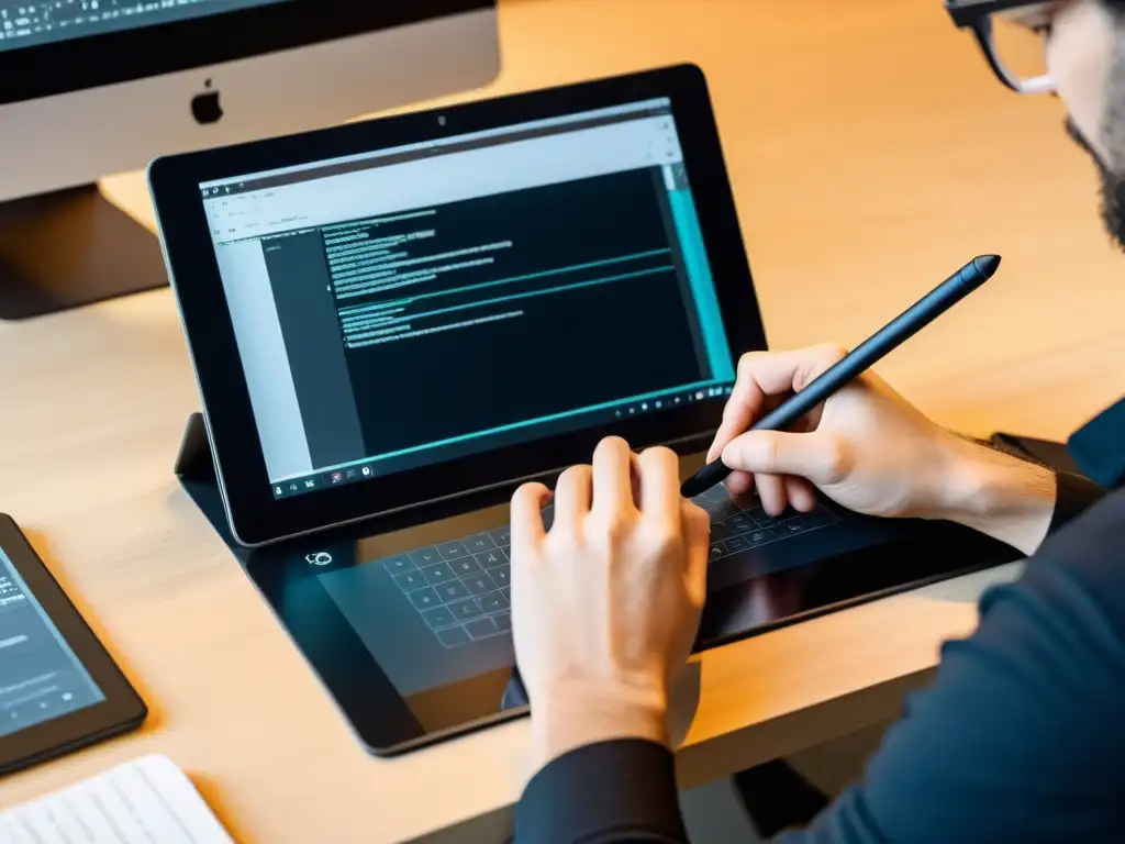 Diseñador gráfico crea arte digital con precisión en Linux Un diseñador gráfico trabaja en una tablet conectada a un monitor de alta resolución, creando arte digital con precisión en Linux