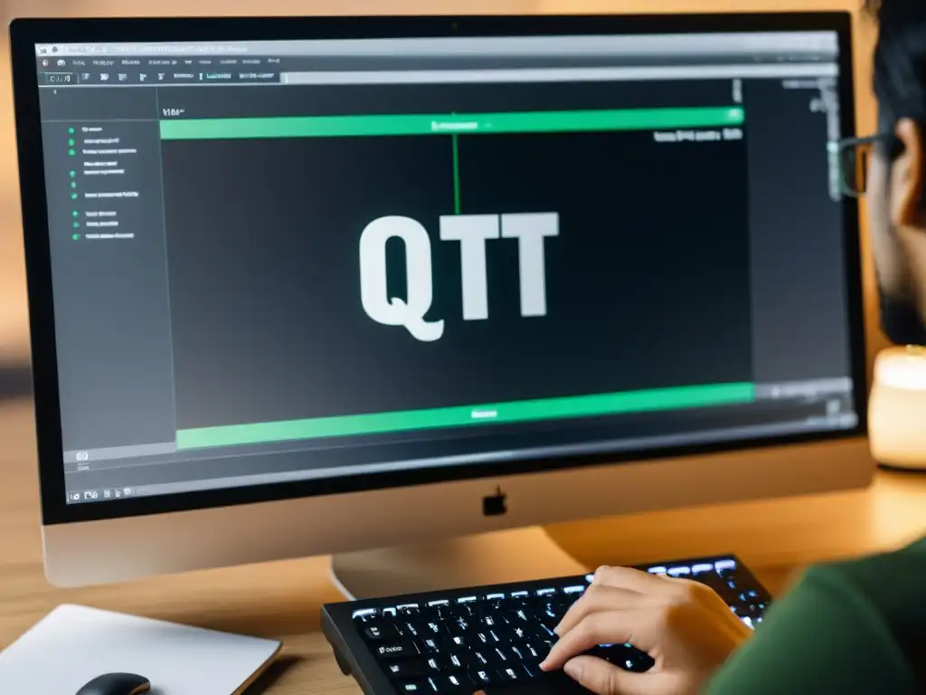Un diseñador de interfaces de usuario trabaja con precisión en Qt Designer en un ordenador Linux
