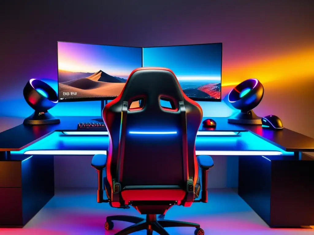 Distribuciones Linux para Gaming 2023: Escenario futurista de juego con PC personalizado, monitores de alta resolución y silla de alta tecnología