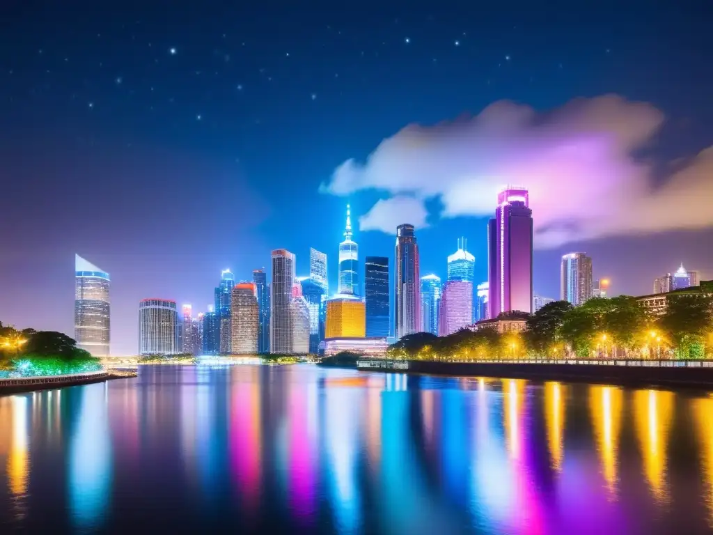 Distribuciones populares de Linux 2023: Impresionante skyline nocturno de una ciudad moderna, con rascacielos iluminados y reflejos en el río