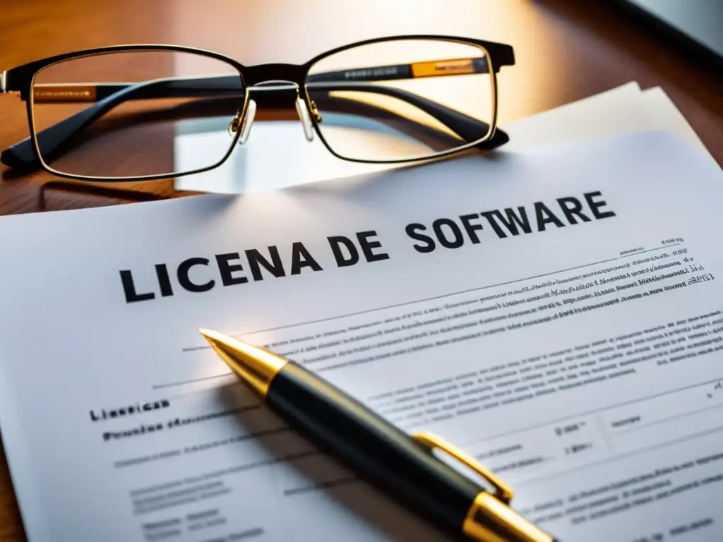 Documento legal 'Licencias de Software Libre' rodeado de gafas, pluma y secciones resaltadas