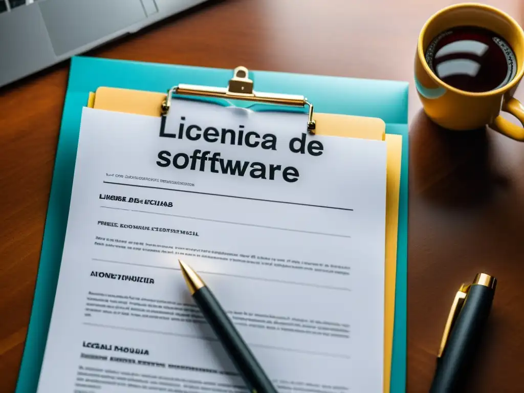 Un documento legal de 'Licencias de Software Libre' en un entorno profesional, resaltando la complejidad del tema en el entorno empresarial