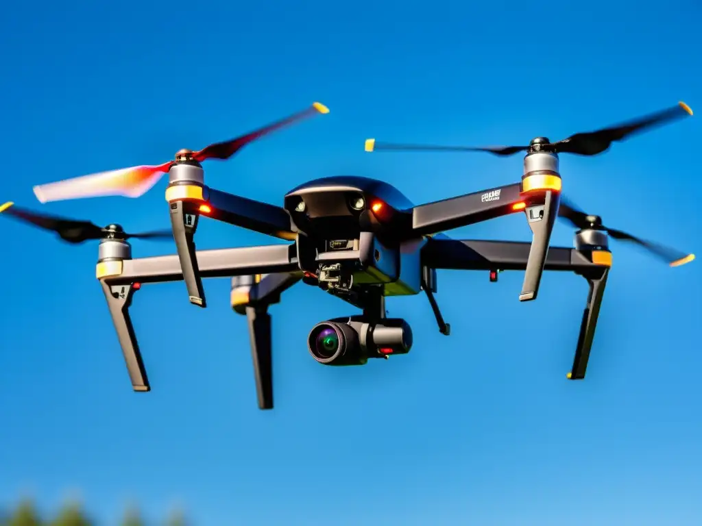 Dron negro mate en vuelo bajo cielo azul, destacando su diseño futurista