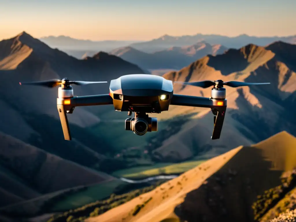 Dron negro sobre montañas bañadas por la cálida luz del atardecer