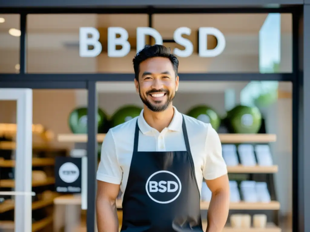 Emprendedor BSD: Éxito en Tienda Online Ecommerce ligero para sistemas BSD: dueño orgulloso frente a su tienda, clientes satisfechos de fondo, diseño limpio y eficiente