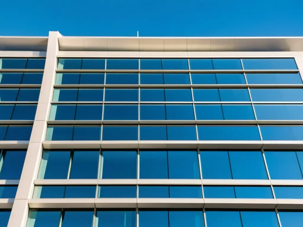 Edificio gubernamental moderno con software libre en el gobierno, integrando tecnología y transparencia, reflejando la ciudad en sus cristales