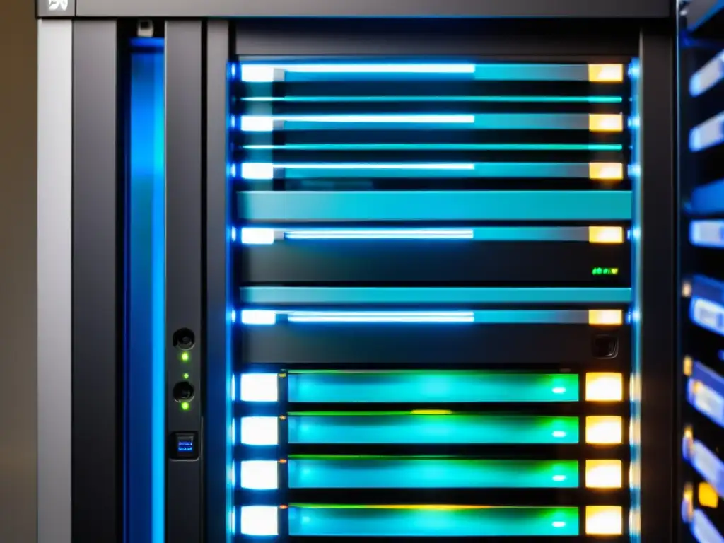 Configuración eficiente de servidor Linux pymes: Rack de servidor ordenado con luces LED parpadeantes en una habitación minimalista y bien iluminada