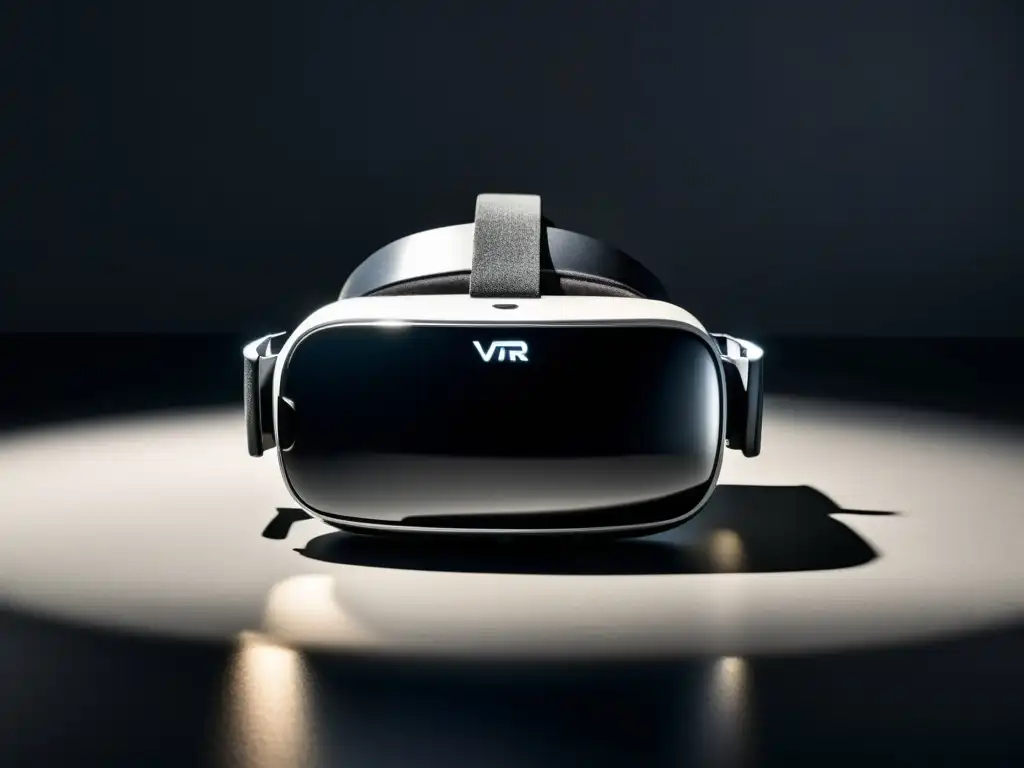 Headset de realidad virtual: Elegancia futurista Un elegante auricular de realidad virtual en una superficie mate, iluminado por una luz suave