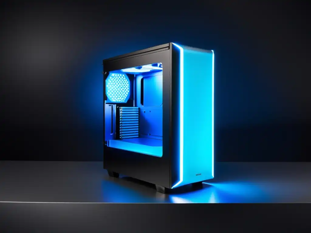 Una elegante carcasa para PC en negro mate con aislamiento acústico interior, iluminada por LED azul