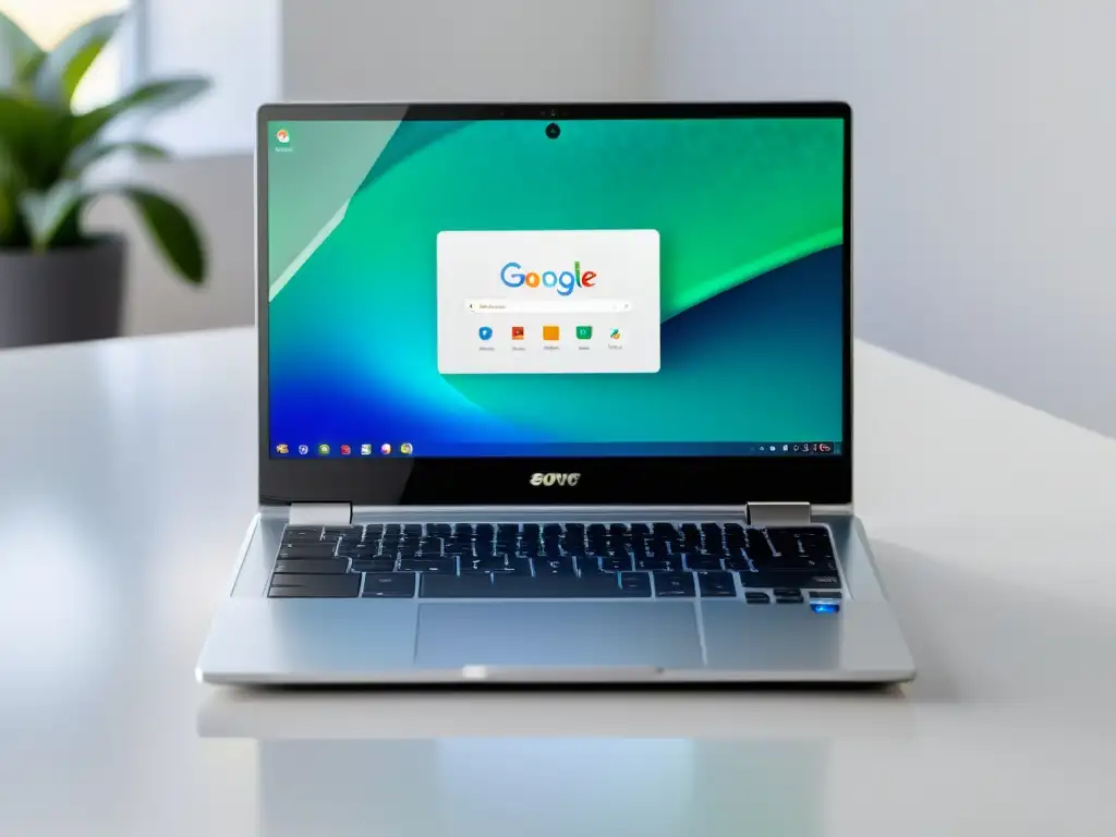 Un elegante Chromebook descansa sobre un escritorio blanco, iluminado suavemente por la luz natural