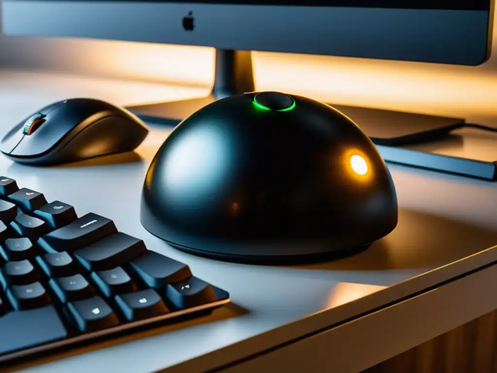 Una elegante y eficiente trackball negra en un entorno profesional y moderno