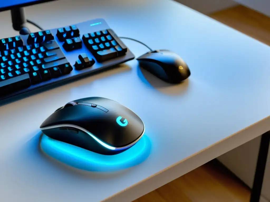 Un elegante ratón ergonómico negro con acabado mate y una luz LED azul brillante, junto a un teclado inalámbrico blanco sobre un escritorio impecable