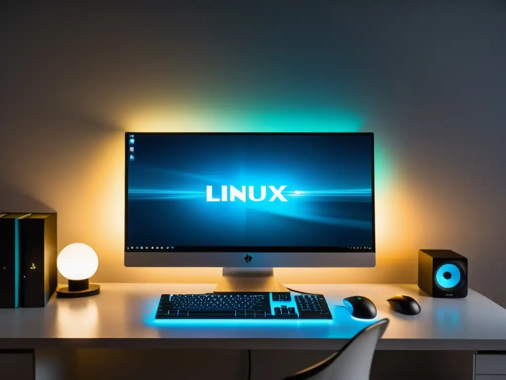 Un elegante escritorio de programación funcional en sistemas Linux con una vista futurista de la ciudad