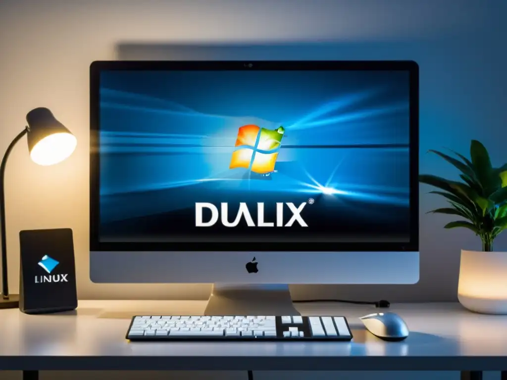 Un elegante escritorio con pantalla dual de arranque, mostrando los logotipos de Linux y Windows