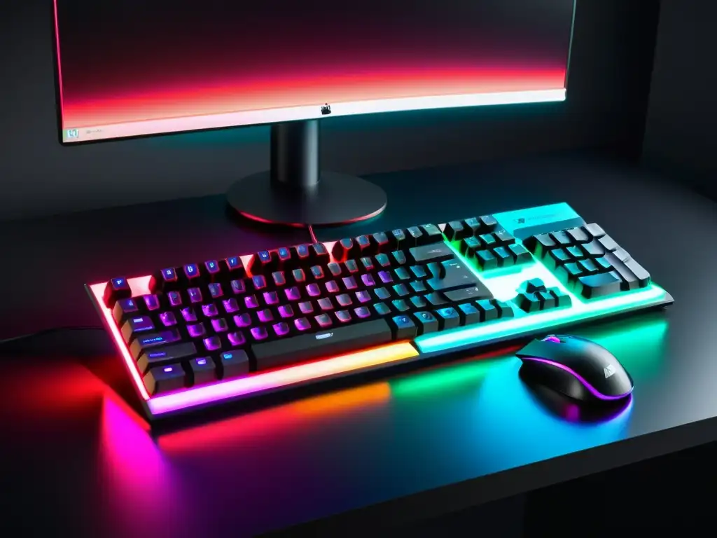 Un elegante escritorio con teclado y mouse RGB, iluminación vibrante y moderna