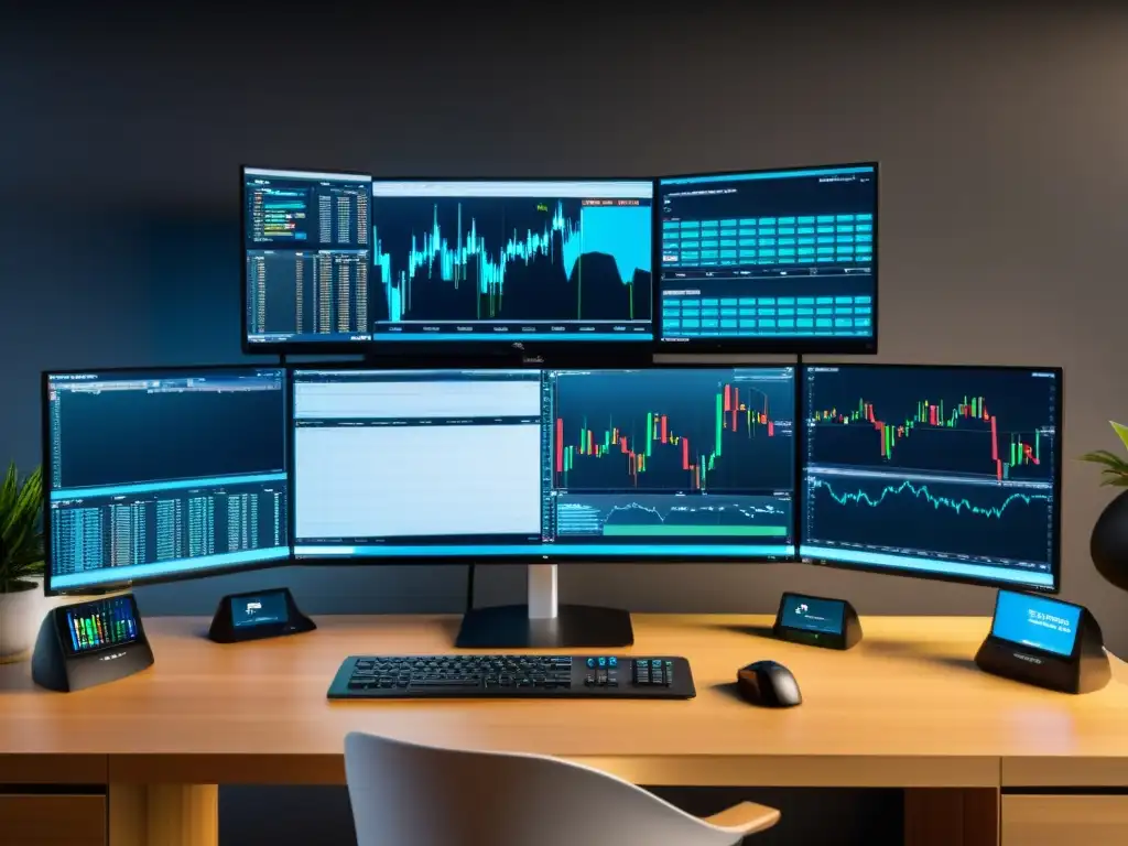 Un elegante escritorio de trading en Linux, con múltiples monitores mostrando datos financieros en tiempo real y un espacio de trabajo organizado